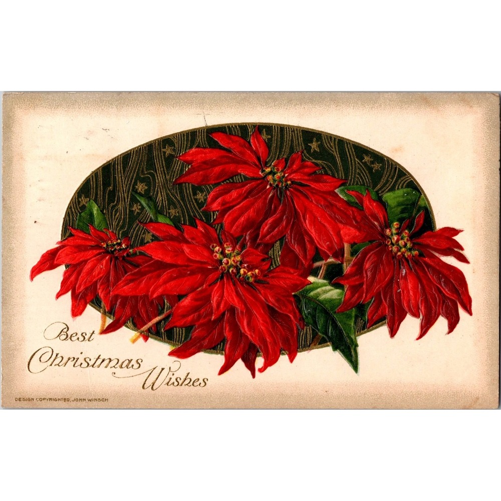 Vintage Embossed‎ Poinsettia Christmas Postcard by John Winsch